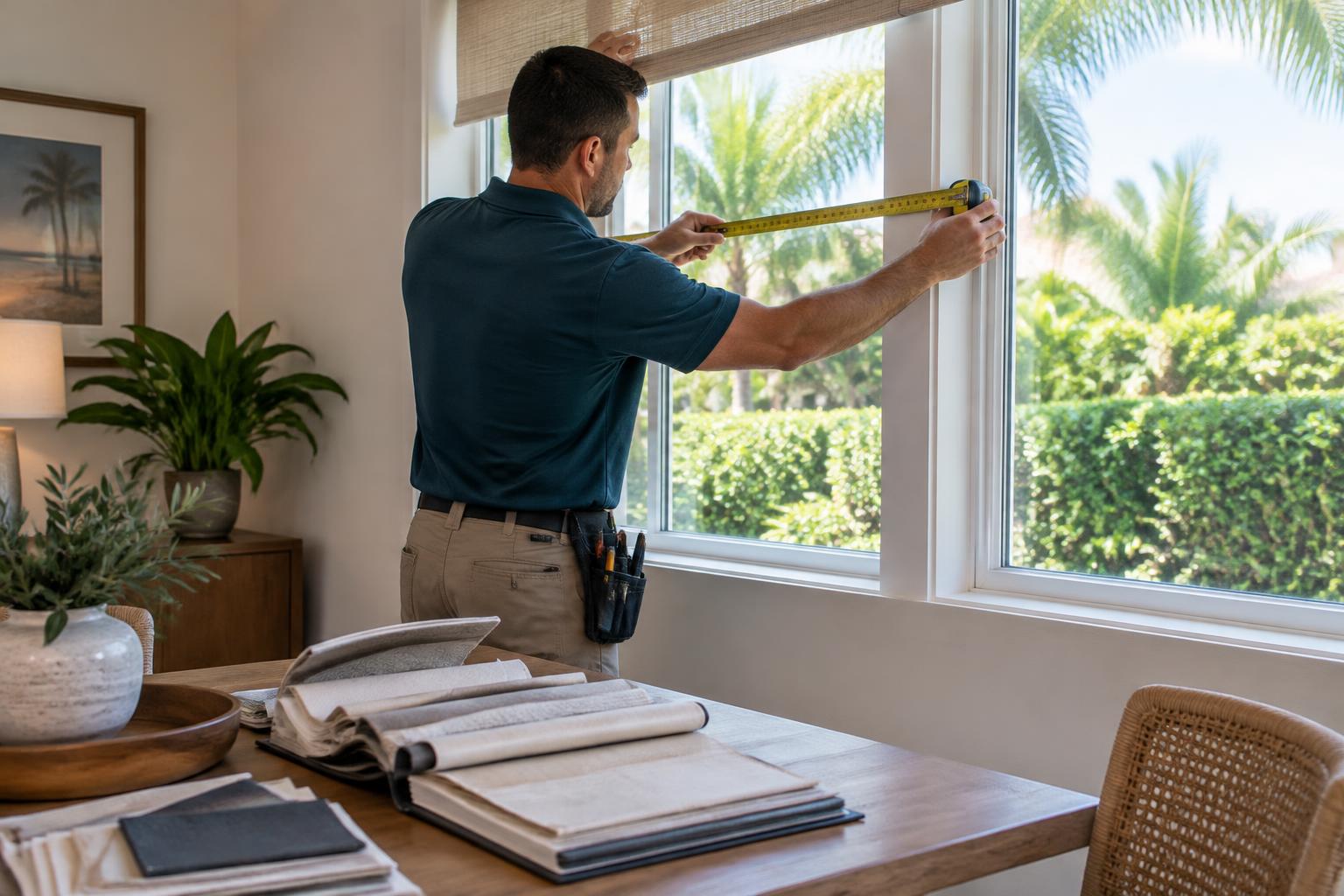 Kova installer measuring a home window with fabric samples nearby