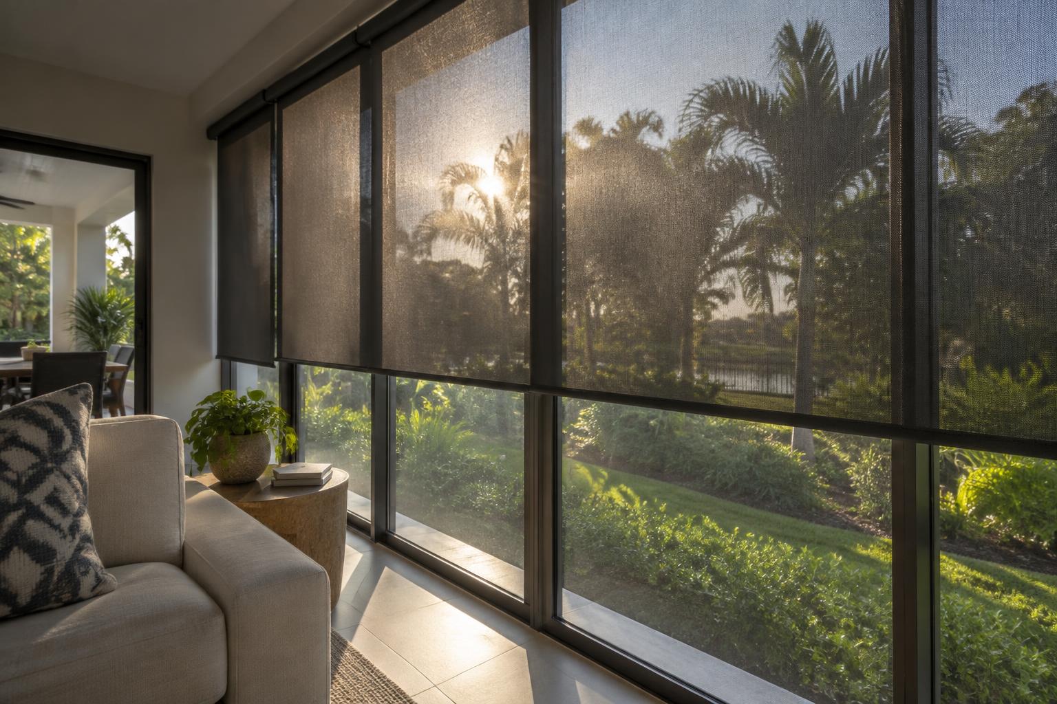 Solar shades across a wide wall of glass in a South Florida home